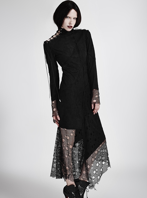Gothic Black High Collar Asymmetric Punk Mesh Stitching Long Sleeve Dress