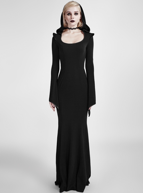Gothic Mysterious Hooded Slim Long Sleeve Long Dress