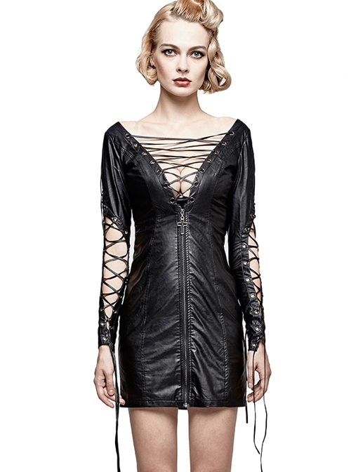 Gothic Black PU Leather Punk Hollow Out Lace-up Deep V Collar Backless Dress