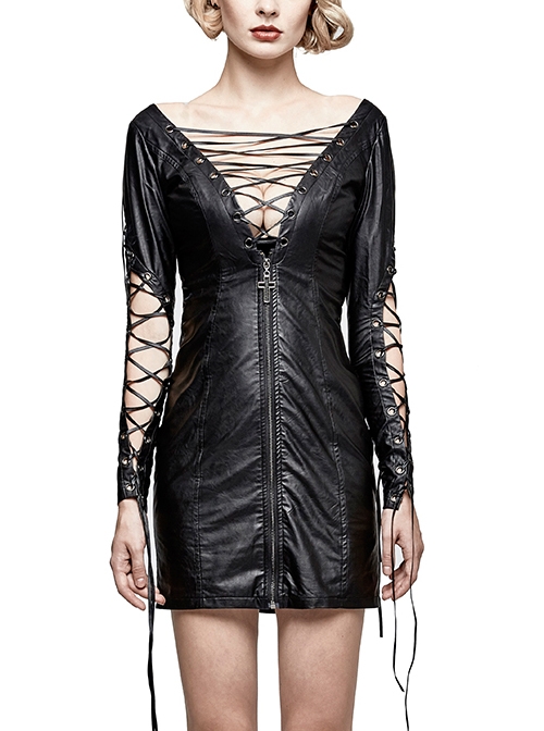 Gothic Black PU Leather Punk Hollow Out Lace-up Deep V Collar Backless Dress