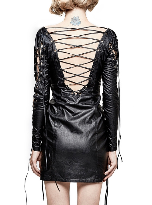 Gothic Black PU Leather Punk Hollow Out Lace-up Deep V Collar Backless Dress