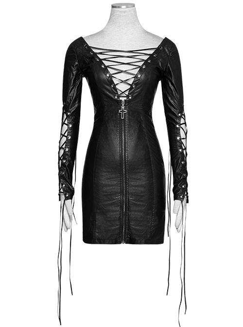 Gothic Black PU Leather Punk Hollow Out Lace-up Deep V Collar Backless Dress