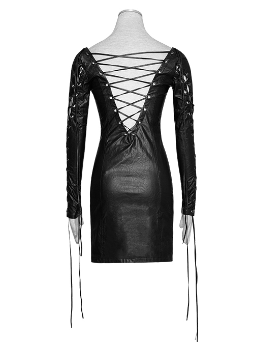 Gothic Black PU Leather Punk Hollow Out Lace-up Deep V Collar Backless Dress