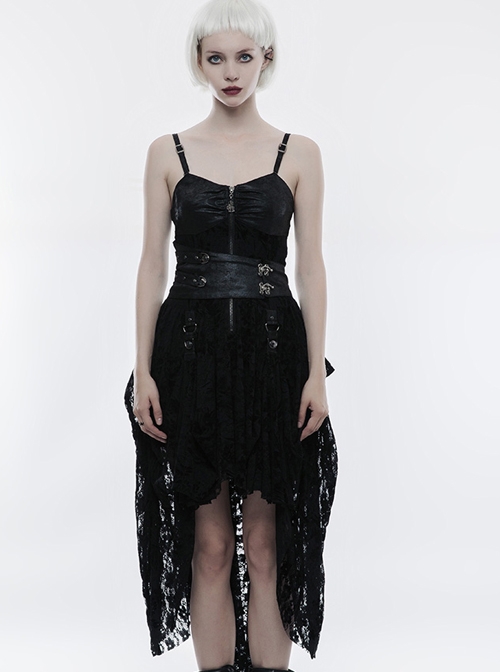 Gothic Black Or Brown PU Leather Punk Lace Hem Sling Dress