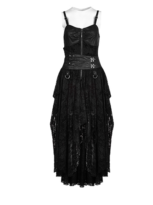 Gothic Black Or Brown PU Leather Punk Lace Hem Sling Dress