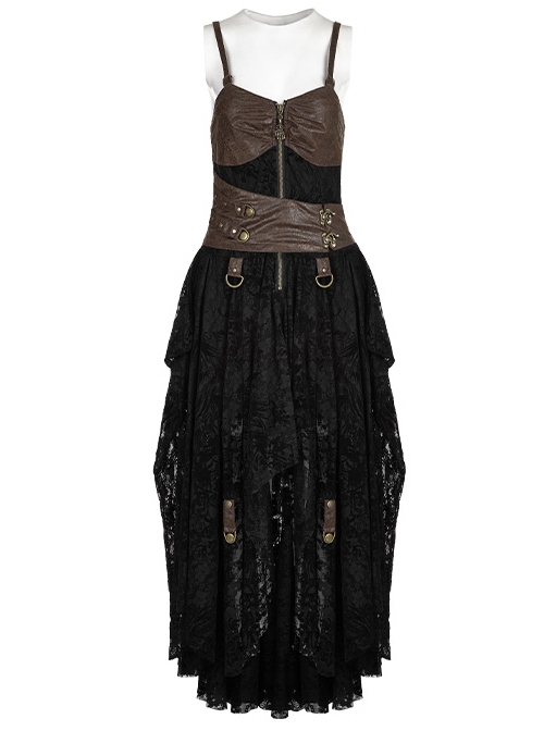 Gothic Black Or Brown PU Leather Punk Lace Hem Sling Dress