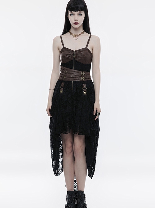 Gothic Black Or Brown PU Leather Punk Lace Hem Sling Dress
