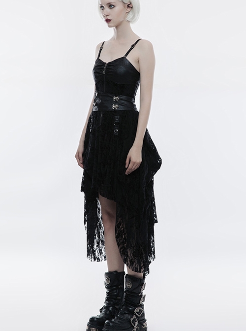 Gothic Black Or Brown PU Leather Punk Lace Hem Sling Dress