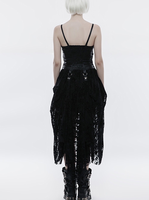 Gothic Black Or Brown PU Leather Punk Lace Hem Sling Dress