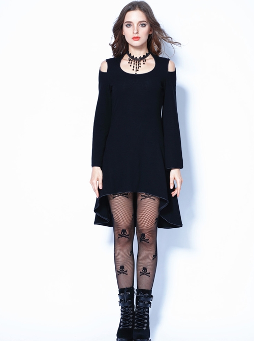 Gothic Black Off Shoulder And Cross Back Long Sleeve Dress