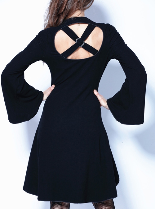 Gothic Black Off Shoulder And Cross Back Long Sleeve Dress