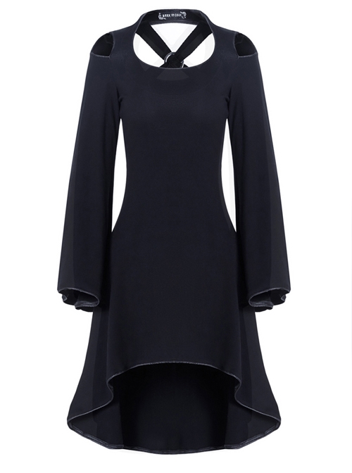 Gothic Black Off Shoulder And Cross Back Long Sleeve Dress