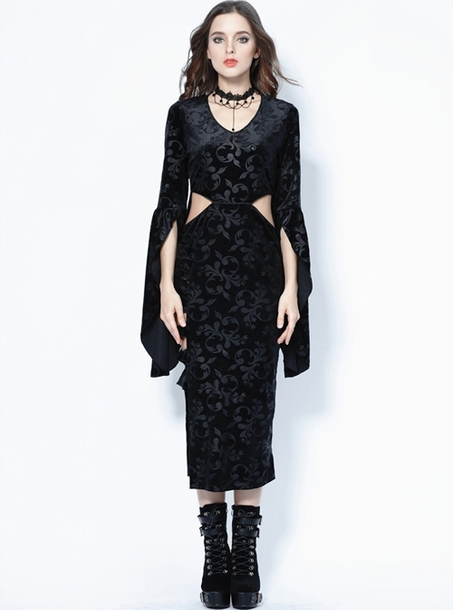 Gothic Black Flocking Waist Hollow Out Half Sleeve Long Dress