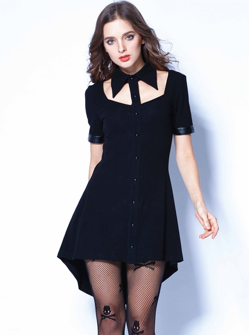 Gothic Black Hollow-out Doll Collar Fitted Short Sleeve Dress