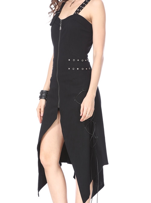 Gothic Side Rope Ornament Halter Black Elastic Sling Dress