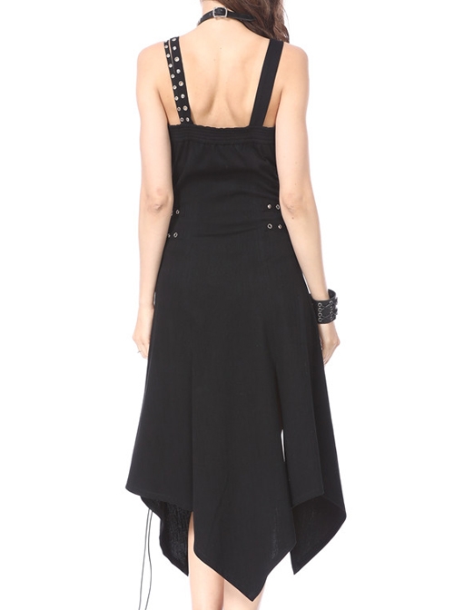 Gothic Side Rope Ornament Halter Black Elastic Sling Dress