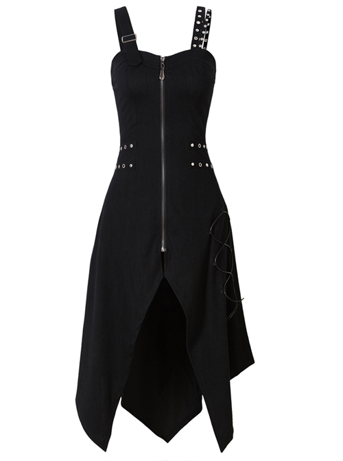 Gothic Side Rope Ornament Halter Black Elastic Sling Dress
