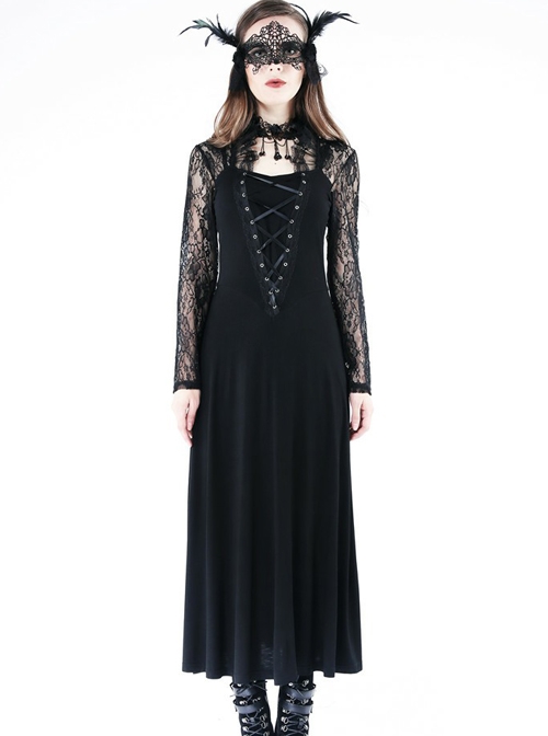 Gothic Black Lace Knitted Stitching Long Sleeve Long Dress