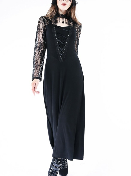 Gothic Black Lace Knitted Stitching Long Sleeve Long Dress