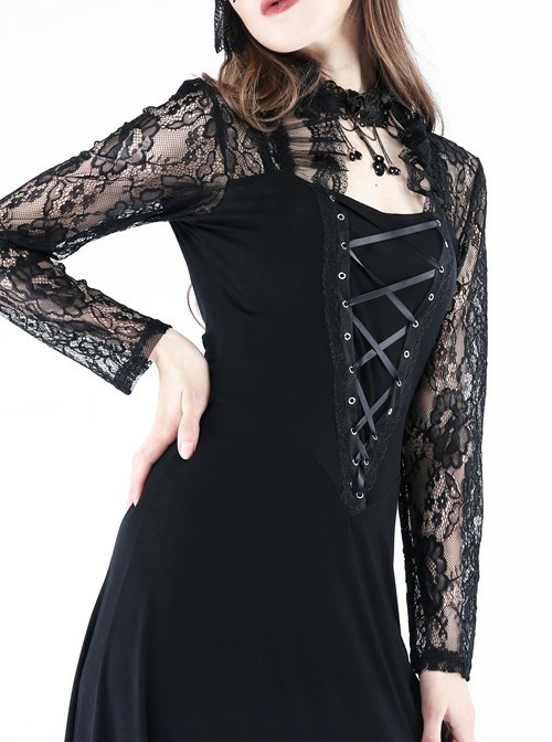 Gothic Black Lace Knitted Stitching Long Sleeve Long Dress