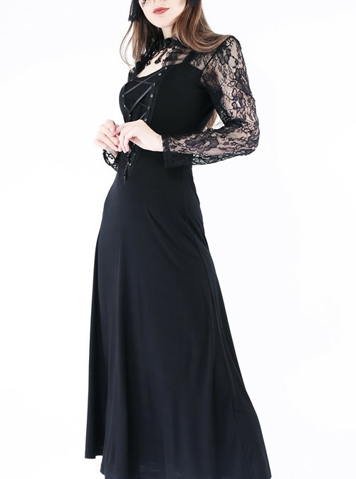 Gothic Black Lace Knitted Stitching Long Sleeve Long Dress