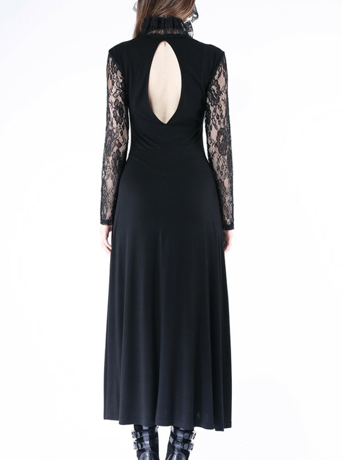 Gothic Black Lace Knitted Stitching Long Sleeve Long Dress