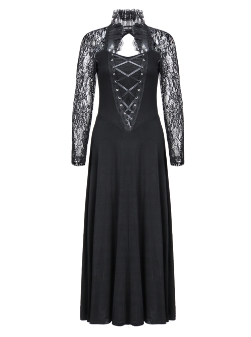 Gothic Black Lace Knitted Stitching Long Sleeve Long Dress