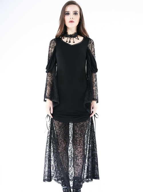 Gothic V-collar Knitted Black Lace Sexy Long Sleeve Dress