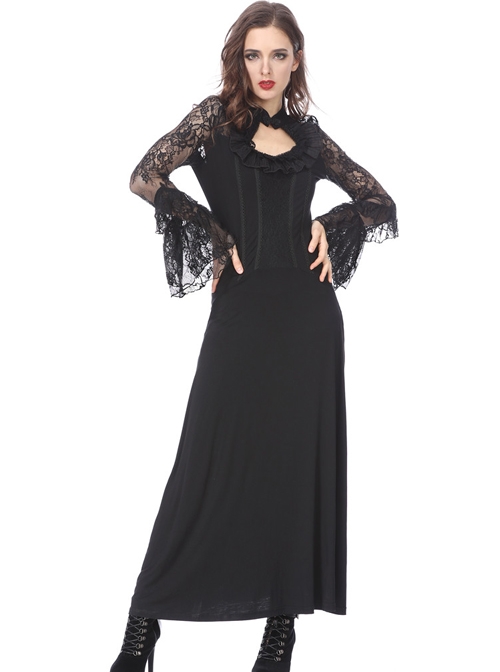 Gothic Black Lace Ruffle Collar Slim Knitted Long Dress