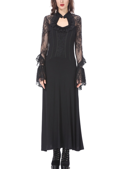 Gothic Black Lace Ruffle Collar Slim Knitted Long Dress - Magic Wardrobes