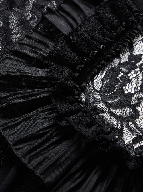 Gothic Black Lace Ruffle Collar Slim Knitted Long Dress