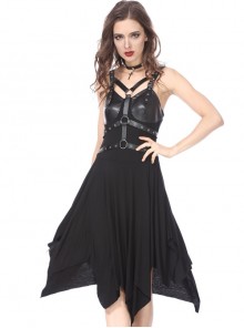 Gothic Black PU Sling Sexy Design Irregular Hem Dress