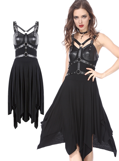 Gothic Black PU Sling Sexy Design Irregular Hem Dress - Magic Wardrobes
