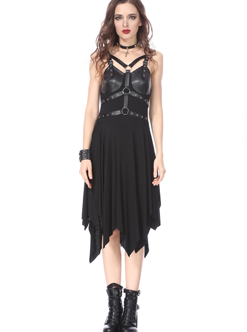 Gothic Black PU Sling Sexy Design Irregular Hem Dress - Magic Wardrobes