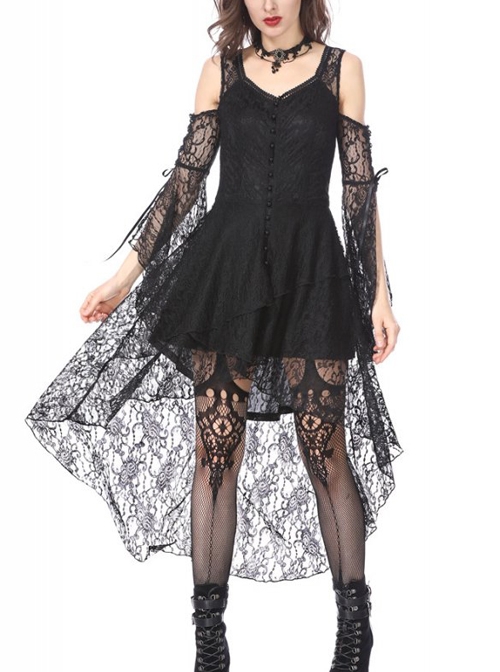 Black Lace Gothic Elegant High-Low Hem Lace-up Dress