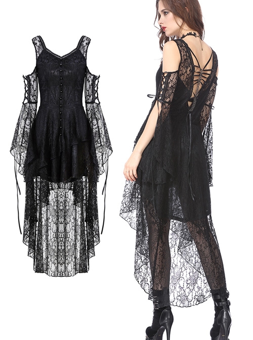 Black Lace Gothic Elegant High-Low Hem Lace-up Dress
