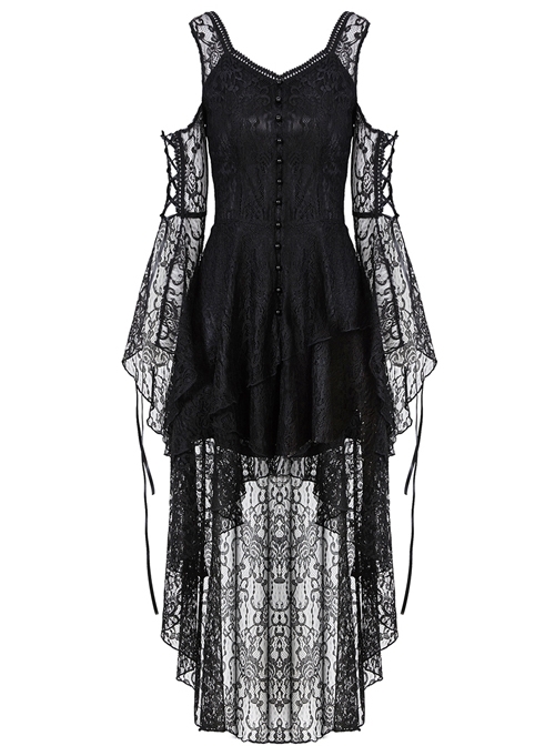 Black Lace Gothic Elegant High-Low Hem Lace-up Dress