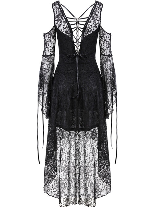 Black Lace Gothic Elegant High-Low Hem Lace-up Dress