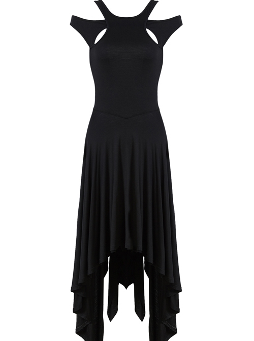Pure Black Gothic Knitted Off-shoulder Irregular Hem Dress