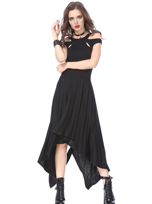 Pure Black Gothic Knitted Off-shoulder Irregular Hem Dress