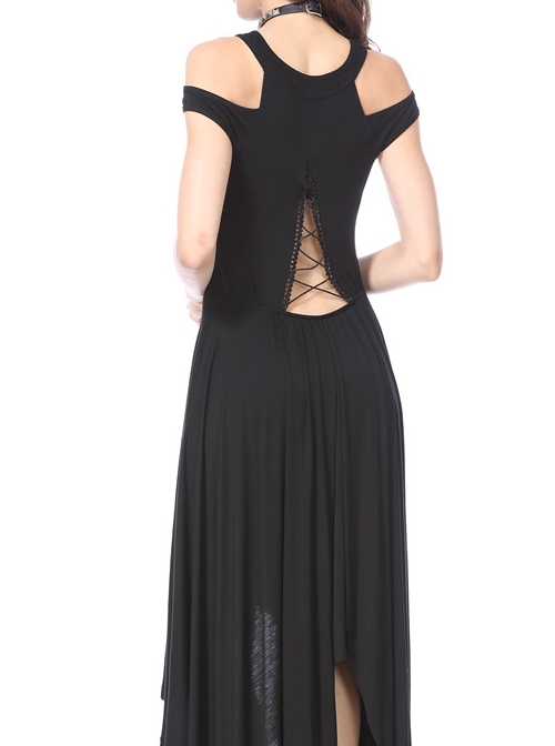 Pure Black Gothic Knitted Off-shoulder Irregular Hem Dress