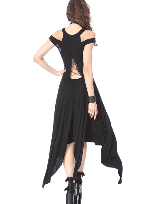 Pure Black Gothic Knitted Off-shoulder Irregular Hem Dress