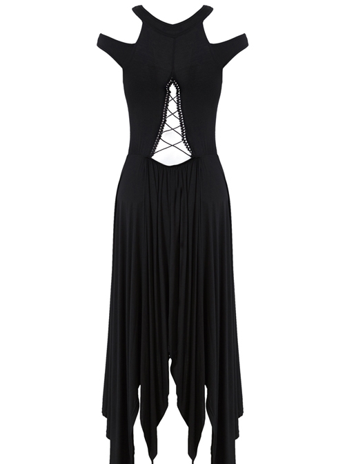 Pure Black Gothic Knitted Off-shoulder Irregular Hem Dress