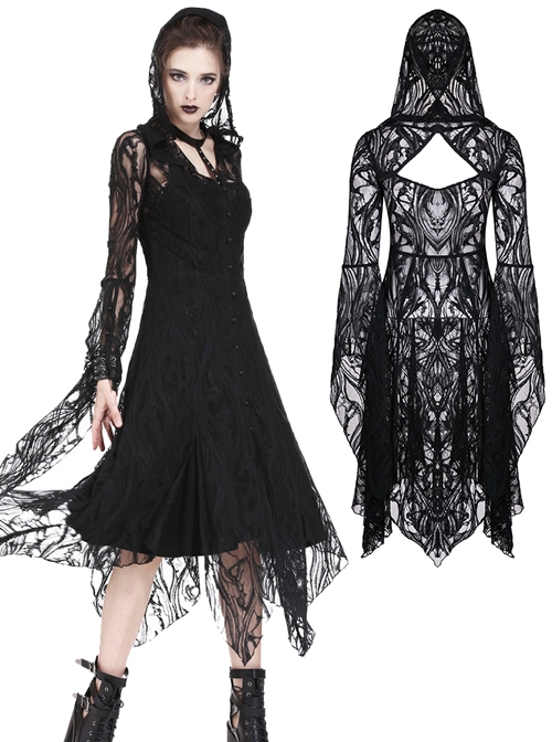 Gothic Gorgeous Black Lace Horn Cap Long Sleeve Long Dress