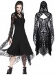 Gothic Gorgeous Black Lace Horn Cap Long Sleeve Long Dress