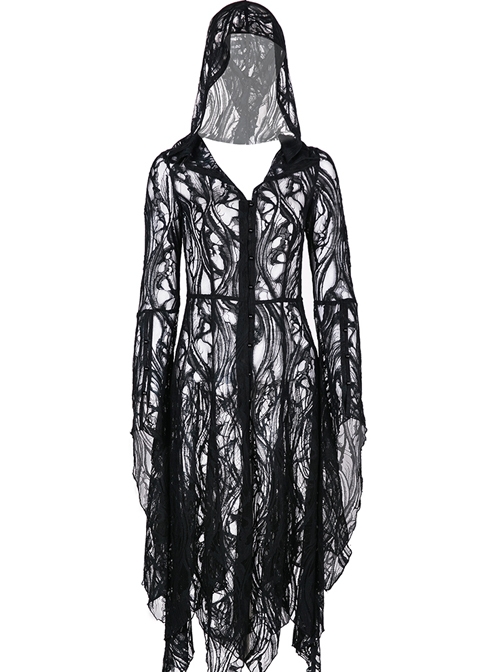 Gothic Gorgeous Black Lace Horn Cap Long Sleeve Long Dress