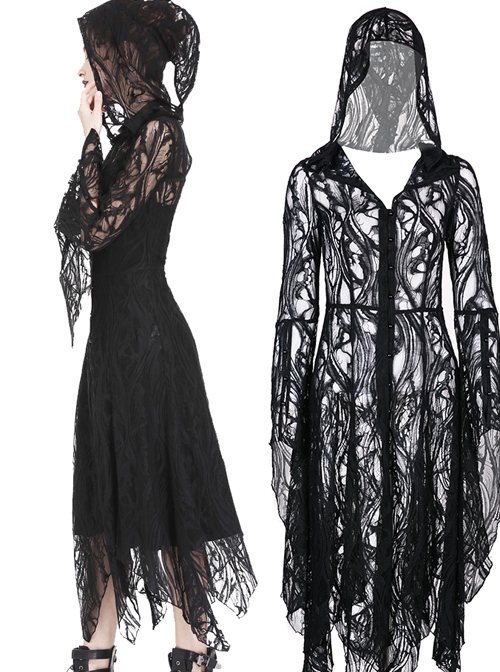 Gothic Gorgeous Black Lace Horn Cap Long Sleeve Long Dress
