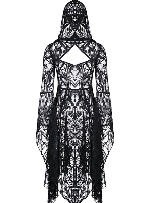 Gothic Gorgeous Black Lace Horn Cap Long Sleeve Long Dress