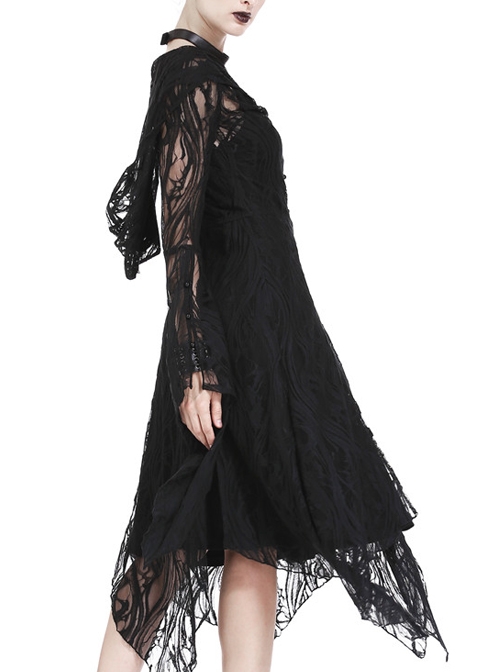 Gothic Gorgeous Black Lace Horn Cap Long Sleeve Long Dress