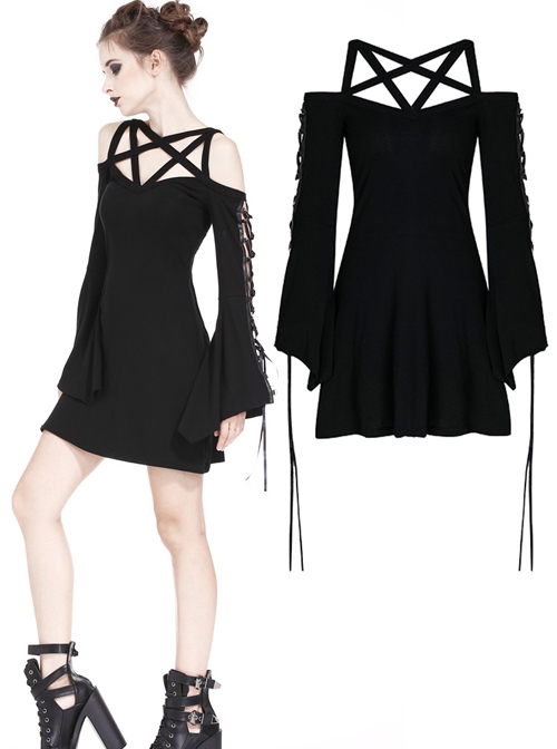 Gothic Black Sexy Lace-up Star Sling Elastic Short Dress